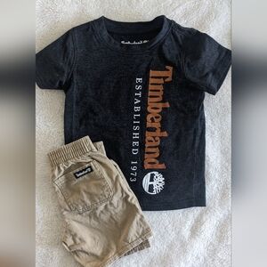 Timberland Toddler Shirt and Short Set. Dark Grey Shirt & Khaki Shorts. Size 3T